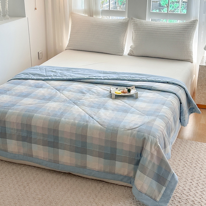 91家纺网 家纺一手货源 找家纺 瑜珠 2025新款A类双面全棉印花夏被夏凉被纯棉空调被 苏伦蓝