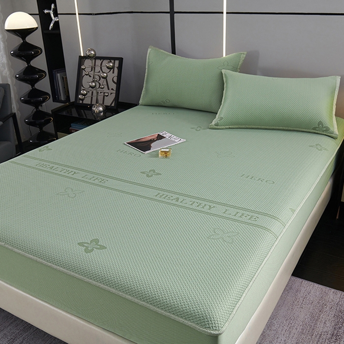 91家纺网 家纺一手货源 找家纺 梵克保罗 2025新款7A抗菌母婴级纯乙纶PE刺绣凉感丝豆豆席 床笠款 床笠款 四叶花-水绿