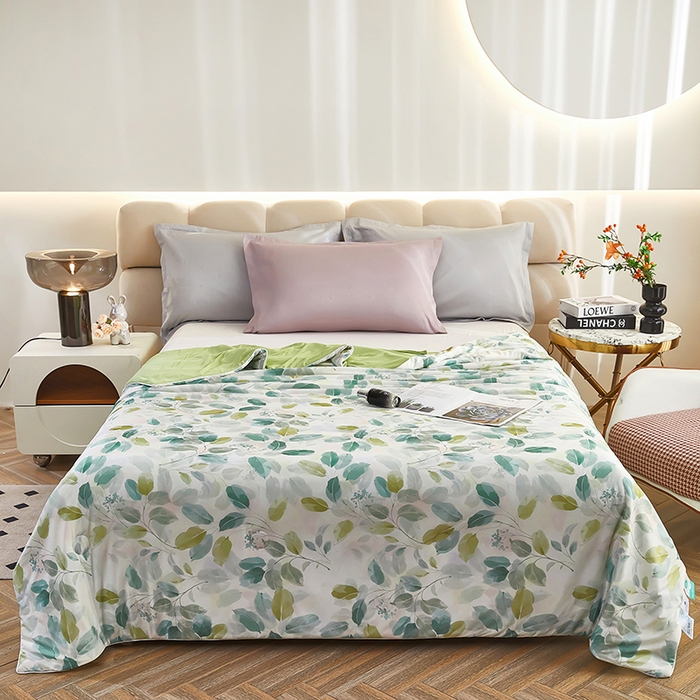 91家纺网 家纺一手货源 找家纺 联林2025新款玻尿酸针织凉感丝夏被夏凉被 叶知秋 绿