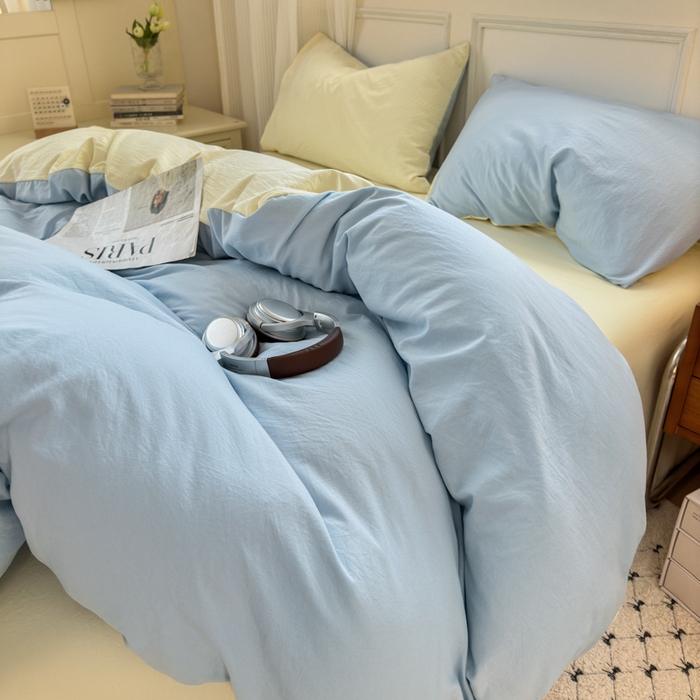 91家纺网 家纺一手货源 找家纺 冕悠家纺 2025新款A类105克超柔褶皱水洗棉拼色四件套 月白蓝+芝士黄