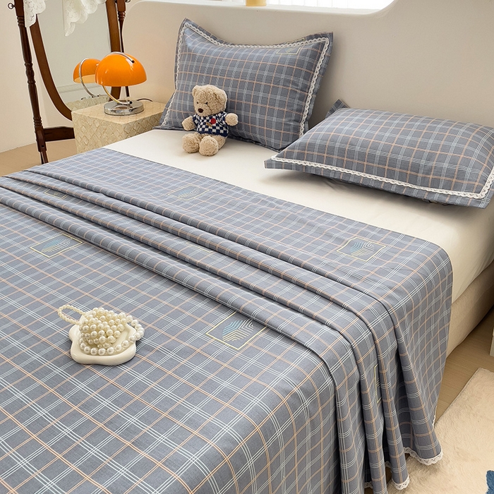 91家纺网 家纺一手货源 找家纺 梵克保罗 2025新款鱼骨棉老粗布凉席花边款床单三件套 格韵-灰