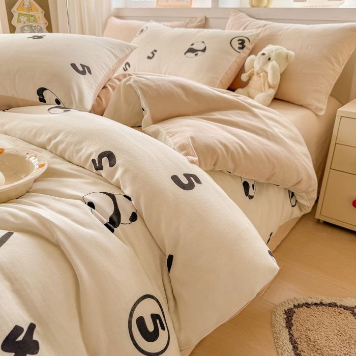 91家纺网 家纺一手货源 找家纺 2025新款40s全棉双层纱圆角吊边款四件套 DIY熊猫