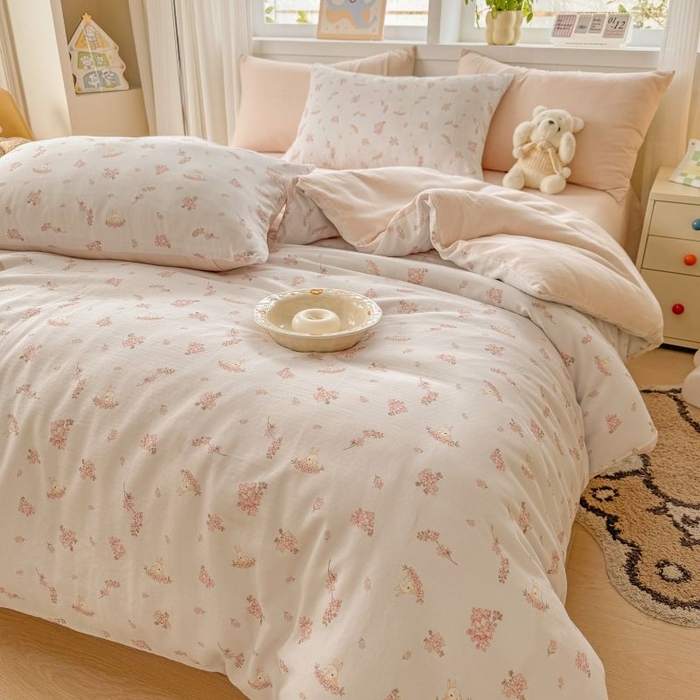 91家纺网 家纺一手货源 找家纺 2025新款40s全棉双层纱圆角吊边款四件套 初颜-粉