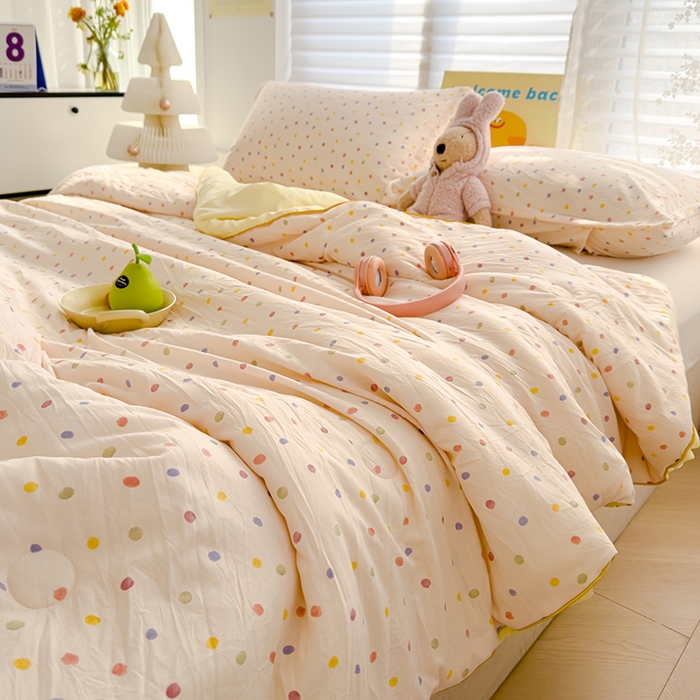 91家纺网 家纺一手货源 找家纺 星巴k家纺 2025新款A类水洗双层纱大豆纤维夏被夏凉被空调被 彩色圆点