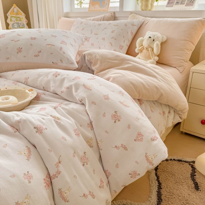 91家纺网 家纺一手货源 找家纺 2025新款40s全棉双层纱圆角吊边款四件套 初颜-粉