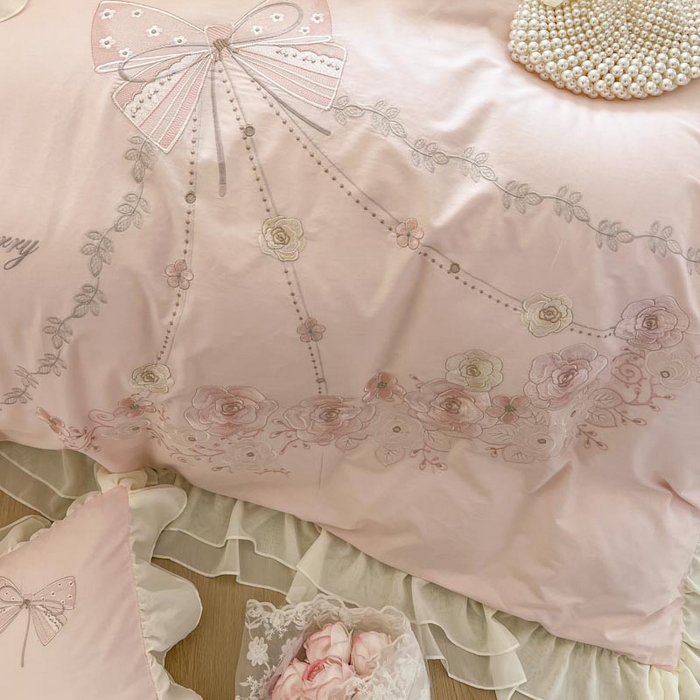 91家纺网 家纺一手货源 找家纺 （总）亲亲公主 2025新款全棉绣花+蕾丝双层花边四件套-奶油玫瑰