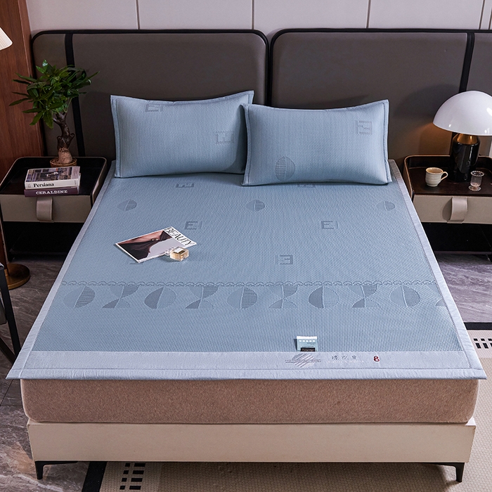 91家纺网 家纺一手货源 找家纺 梵克保罗 2025新款7A抗菌母婴级纯乙纶PE刺绣凉感丝豆豆席 叶子-蓝