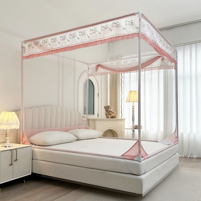 91家纺网 家纺一手货源 找家纺 2025新款双层花边全包围床笠款三开门蚊帐-幽梦星辰 藕玉