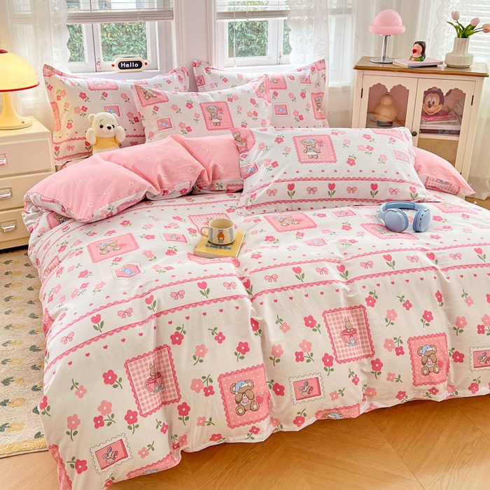 91家纺网 家纺一手货源 找家纺 世爵 2025新款全棉印花小清新套件系列-四件套 花园派对-米