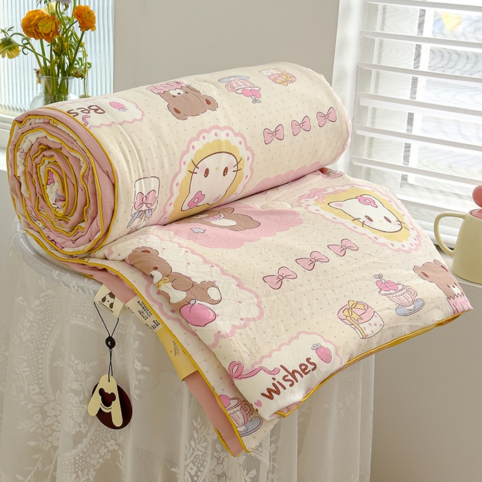 91家纺网 家纺一手货源 找家纺 星巴k家纺 2025新款A类水洗双层纱大豆纤维夏被夏凉被空调被 粉色小熊