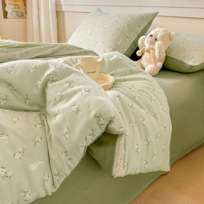 91家纺网 家纺一手货源 找家纺 2025新款40s全棉双层纱圆角吊边款四件套 白月光-绿