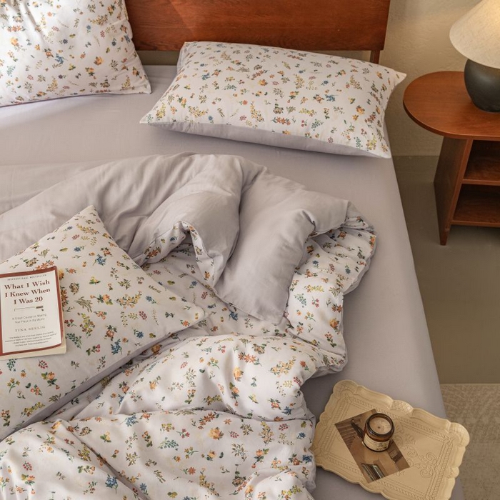 91家纺网 家纺一手货源 找家纺 2025新款40s全棉双层纱圆角吊边款四件套 春色满园-紫