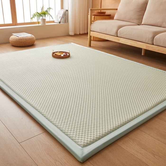 91家纺网 家纺一手货源 找家纺 2025新款包边工艺凉感冰藤地铺睡垫系列凉席地垫 凉豆豆绿
