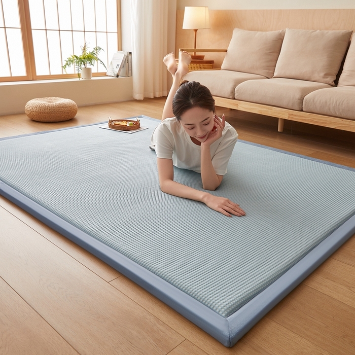 91家纺网 家纺一手货源 找家纺 2025新款包边工艺凉感冰藤地铺睡垫系列凉席地垫 华夫格蓝