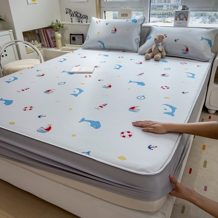 丝羽坊 2025新款小版印花冰丝凉席冰丝席碳光冰丝凉席-床笠款 海豚湾