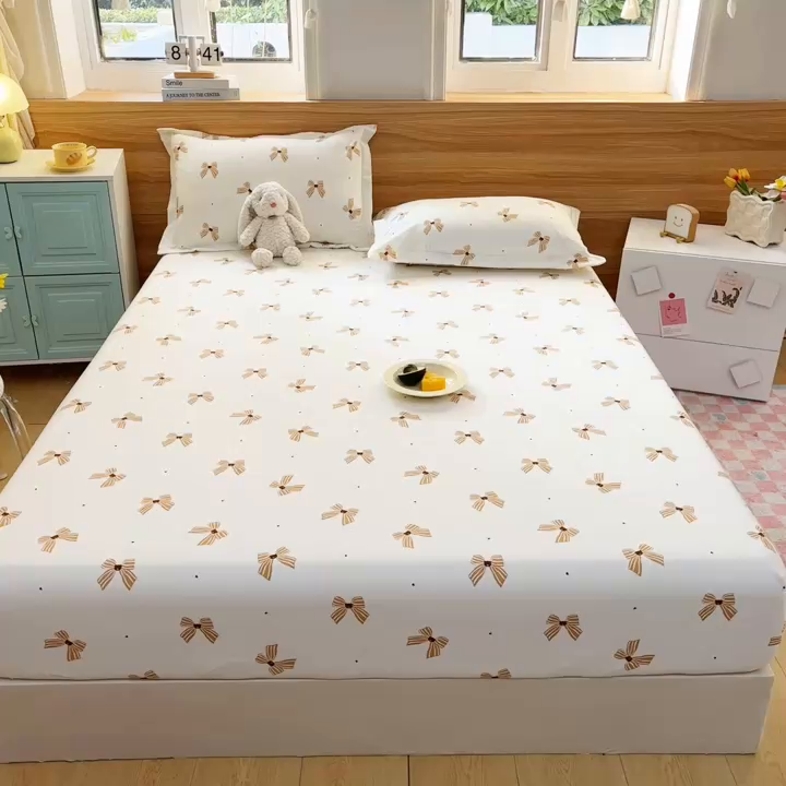 91家纺网 家纺一手货源 找家纺 默忆 2025新款针织双层纱印花糯小棉床笠 蝴蝶结