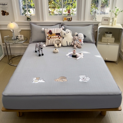 孩子王家纺 2025新款冰豆豆华夫格绣花系列床单床笠 躺躺岛-灰床笠