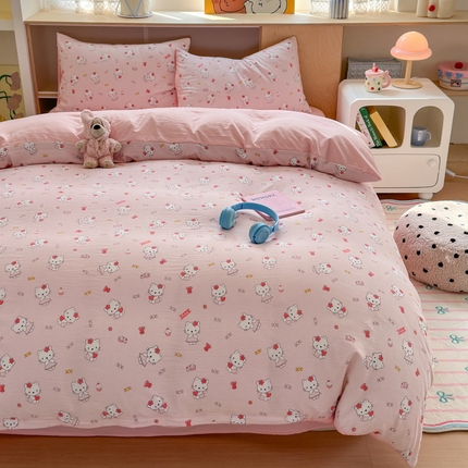 冕悠家纺 2025新款A类高克重糯叽叽超柔糯水洗棉印花四件套 KT喵