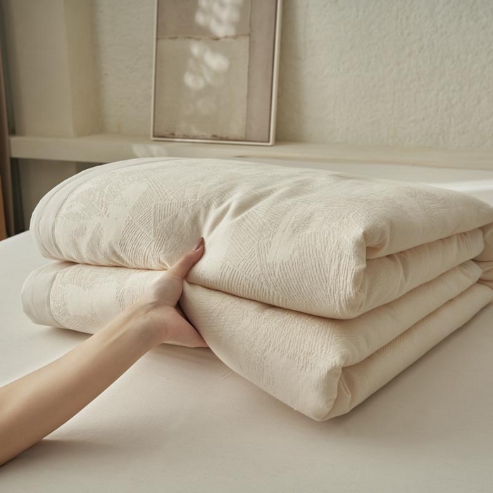 91家纺网 家纺一手货源 找家纺 寐绸家纺 2025新款纯棉水洗棉三层提花大豆纤维夏被四件套 肌理纹夏被-本白