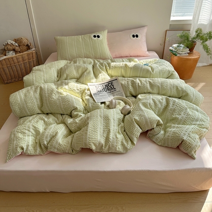91家纺网 家纺一手货源 找家纺 顾里家纺 2025新款大眼混搭色织水洗棉毛巾绣套件 绿粉格