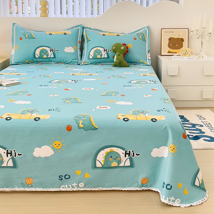 91家纺网 家纺一手货源 找家纺 梵克保罗 2025新款鱼骨棉老粗布凉席花边款床单三件套 恐龙日记