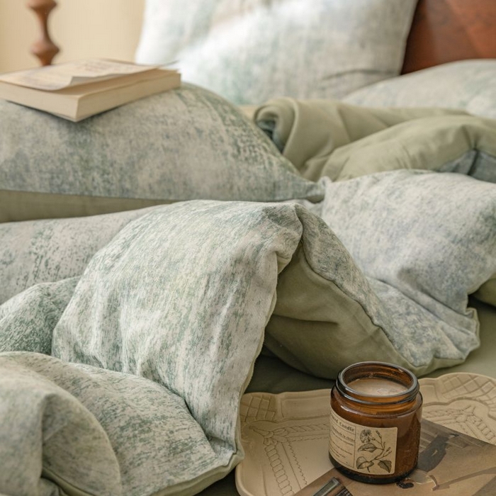 91家纺网 家纺一手货源 找家纺 2025新款40s全棉双层纱圆角吊边款四件套 浮生-灰绿