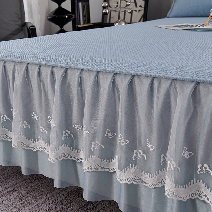 91家纺网 家纺一手货源 找家纺 梵克保罗 2025新款7A抗菌母婴级纯乙纶PE刺绣凉感丝豆豆席 床裙款 床裙款 字母爱心-蓝