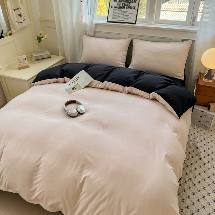 91家纺网 家纺一手货源 找家纺 冕悠家纺 2025新款A类105克超柔褶皱水洗棉拼色四件套 藕粉+高级黑