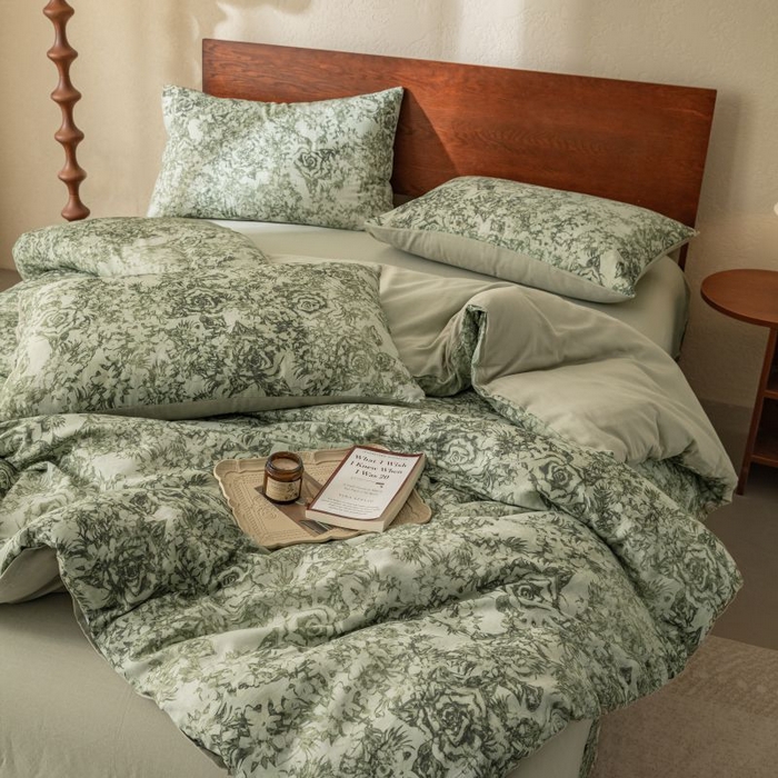 91家纺网 家纺一手货源 找家纺 2025新款40s全棉双层纱圆角吊边款四件套 莫奈-橄榄绿