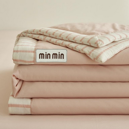寐绸家纺 2025新款纯棉水洗棉min绣花竖条边大豆纤维夏被四件套 MIN-浅粉