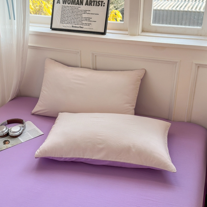 91家纺网 家纺一手货源 找家纺 冕悠家纺 2025新款A类105克超柔褶皱水洗棉拼色四件套-单被套 藕粉+丁香紫