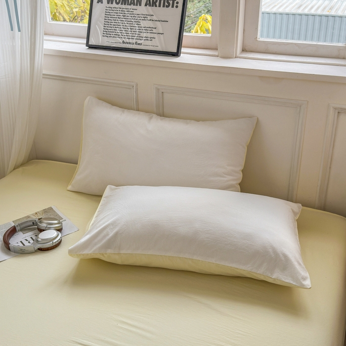 91家纺网 家纺一手货源 找家纺 冕悠家纺 2025新款A类105克超柔褶皱水洗棉拼色四件套 奶昔白+芝士黄