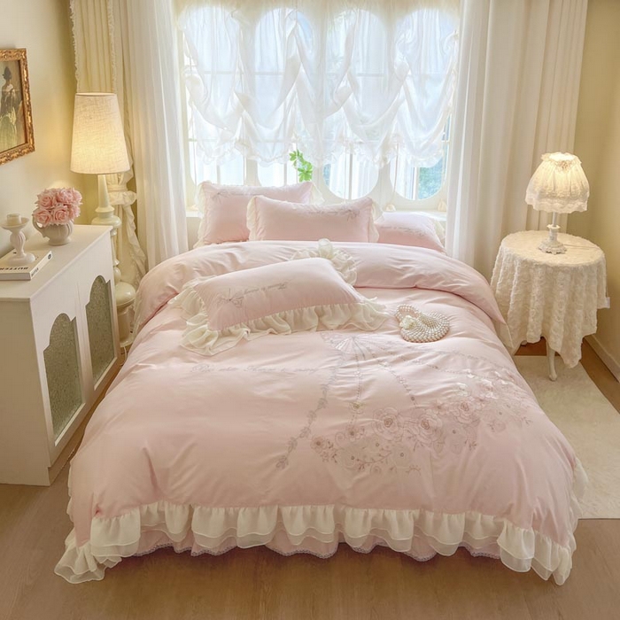 91家纺网 家纺一手货源 找家纺 （总）亲亲公主 2025新款全棉绣花+蕾丝双层花边四件套-奶油玫瑰