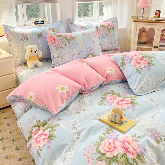 91家纺网 家纺一手货源 找家纺 世爵 2025新款全棉印花小清新套件系列-四件套 花叶倾城-蓝