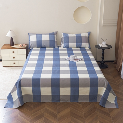 绒艺席业 2025新款简约原棉印花老粗布床单 蓝白格
