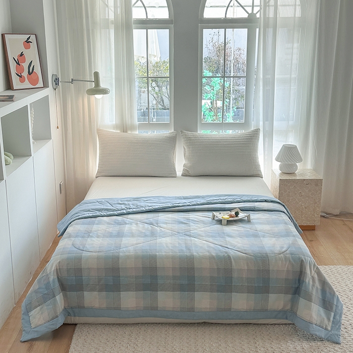 91家纺网 家纺一手货源 找家纺 瑜珠 2025新款A类双面全棉印花夏被夏凉被纯棉空调被 苏伦蓝