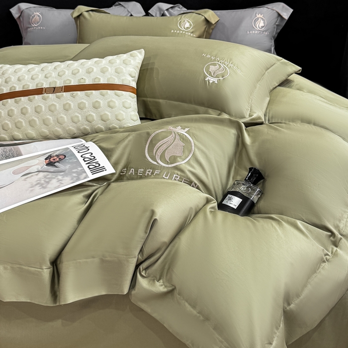 91家纺网 家纺一手货源 找家纺 沃尔居 2025新款亲肤舒适全棉纯棉绣花系列四件套 萨尔夫人-橄榄绿