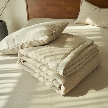 寐绸家纺 2025新款纯棉水洗棉三层提花大豆纤维夏被四件套 三层纱树纹夏被-浅驼