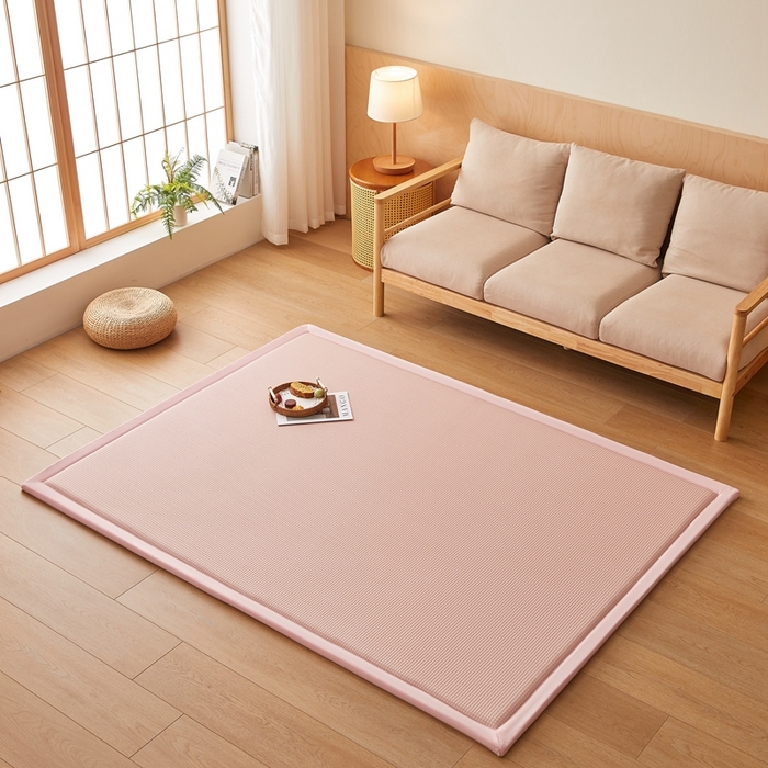 91家纺网 家纺一手货源 找家纺 2025新款包边工艺凉感冰藤地铺睡垫系列凉席地垫 华夫格粉