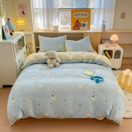 冕悠家纺 2025新款A类高克重糯叽叽超柔糯水洗棉印花四件套 星空狗