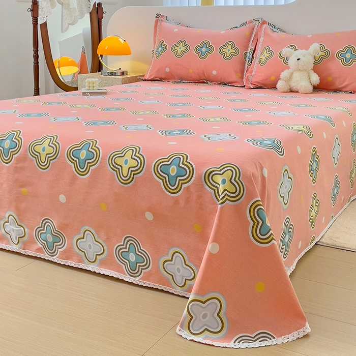 91家纺网 家纺一手货源 找家纺 梵克保罗 2025新款鱼骨棉老粗布凉席花边款床单三件套 四叶草-玉