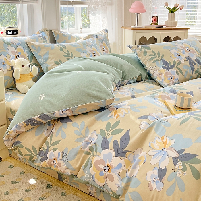 91家纺网 家纺一手货源 找家纺 世爵 2025新款全棉印花小清新套件系列-四件套 木棉花-绿