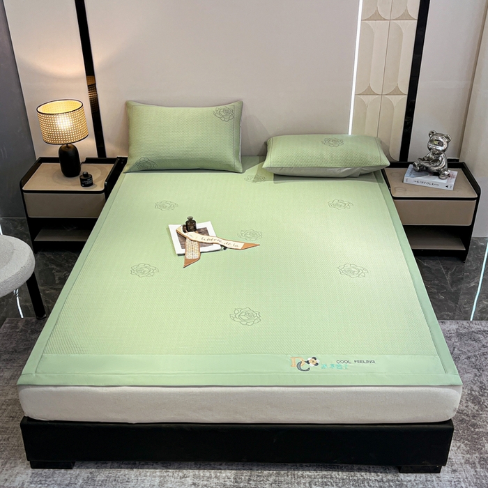 91家纺网 家纺一手货源 找家纺 阿亮家居 2025新款刺绣款凉豆豆凉席 凉豆豆-玫瑰绿色