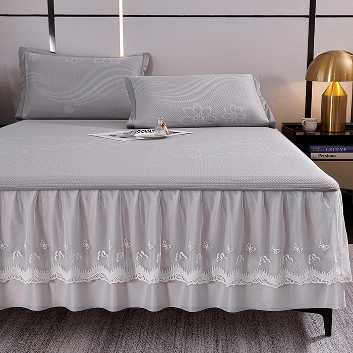 91家纺网 家纺一手货源 找家纺 梵克保罗 2025新款7A抗菌母婴级纯乙纶PE刺绣凉感丝豆豆席 床裙款 床裙款 浪花-灰