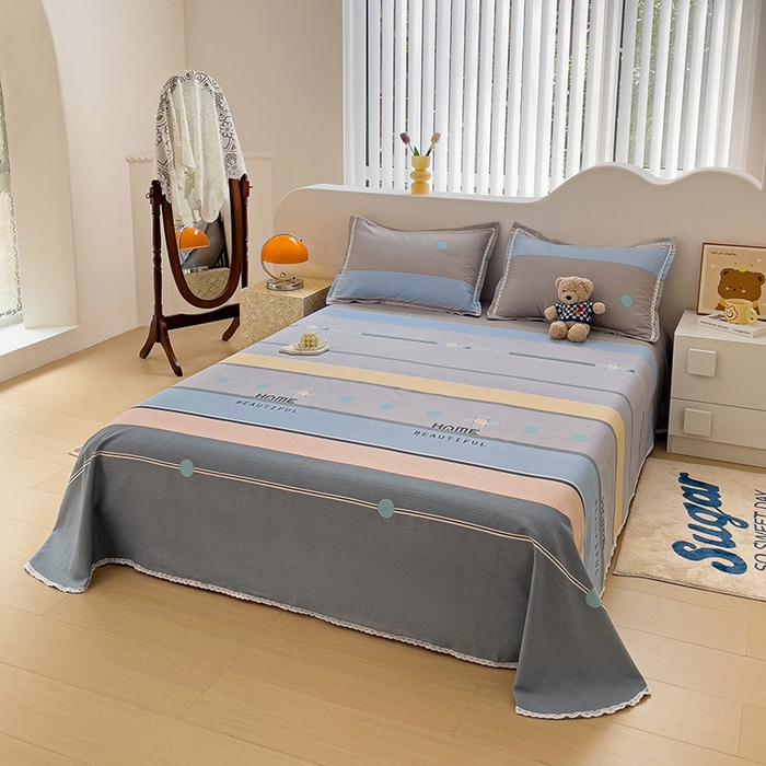 91家纺网 家纺一手货源 找家纺 梵克保罗 2025新款鱼骨棉老粗布凉席花边款床单三件套 保罗