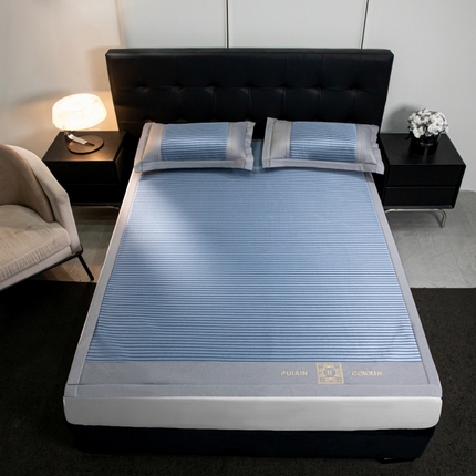 孩子王家纺 2025凉感冰丝藤席凉席席子-英文条纹席 宝石蓝