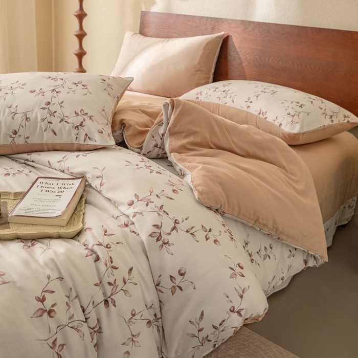 91家纺网 家纺一手货源 找家纺 2025新款40s全棉双层纱圆角吊边款四件套 叶初-咖