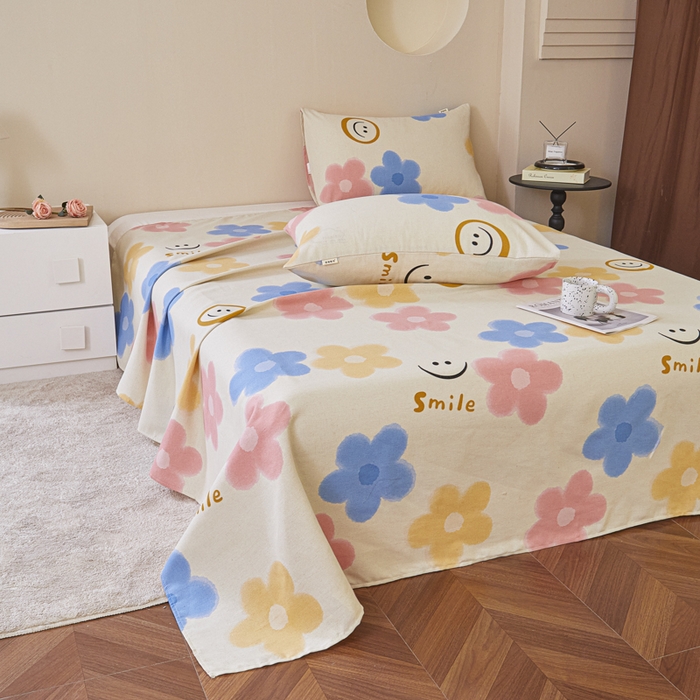 91家纺网 家纺一手货源 找家纺 绒艺席业 2025新款简约原棉印花老粗布床单 笑脸