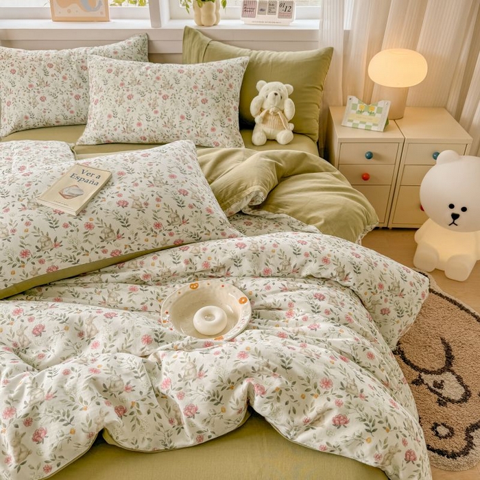 91家纺网 家纺一手货源 找家纺 2025新款40s全棉双层纱圆角吊边款四件套 仙女兔