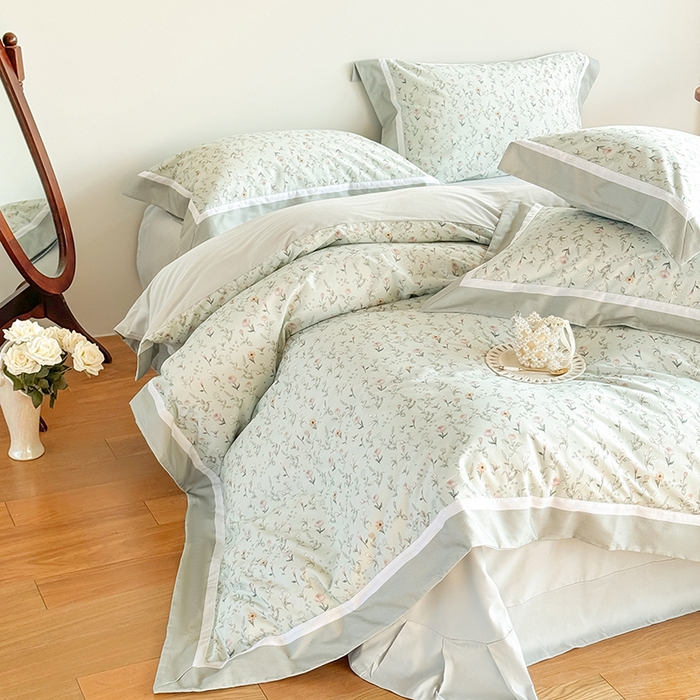 91家纺网 家纺一手货源 找家纺 巧玲珑 2025新款60支A类进口数码印花美式双拼四季款长绒棉四件套 千叶寻梦